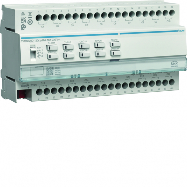 KNX e/s Sterownik załączający/żaluzjowy 20-/10-krotny 16A C-load, KNX secure - TYMS620D - HAGER