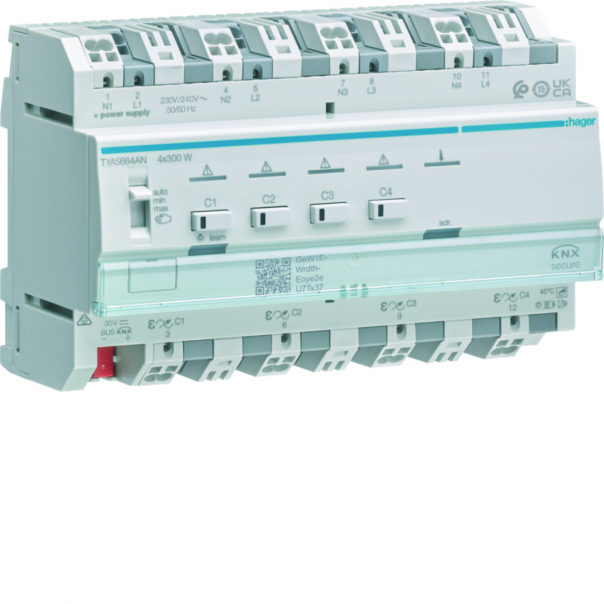 KNX e/s Ściemniacz uniwersalny 4-kan 4x300 W, f. sumowania obc. KNX secure - TYAS664AN - HAGER
