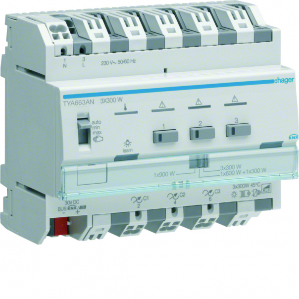 Ściemniacz uniwersalny 3-kanałowy 300W, 6 mod, KNX - TYA663AN - HAGER