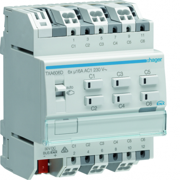 KNX e/s Sterownik załączający/żaluzjowy, obciążenie pojemnościowe 16 A, 6-/3-kr - TXA606D - HAGER