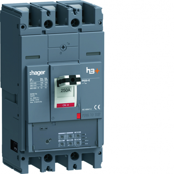 MCCB Wyłącznik mocy h3+ P630 LSI 3x250A 70kA - HEW250JR - HAGER