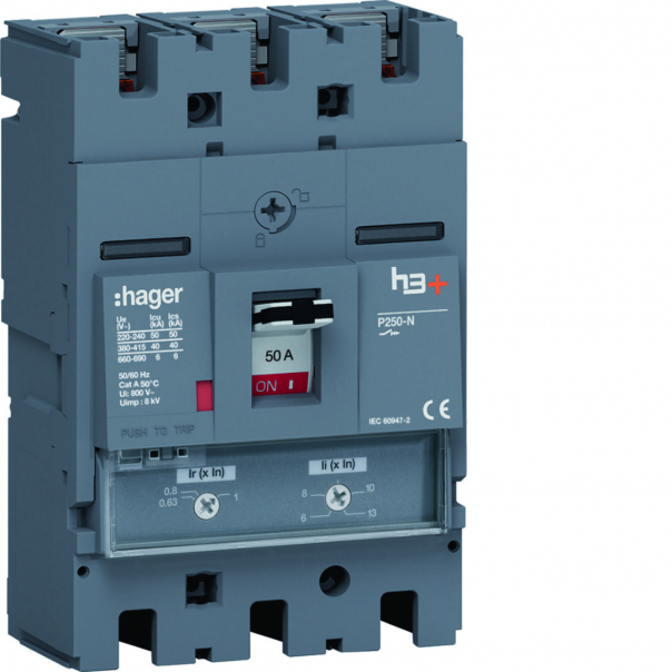 MCCB Wyłącznik mocy h3+ P250 3P 50A 40kA TM - HNT050DR - HAGER