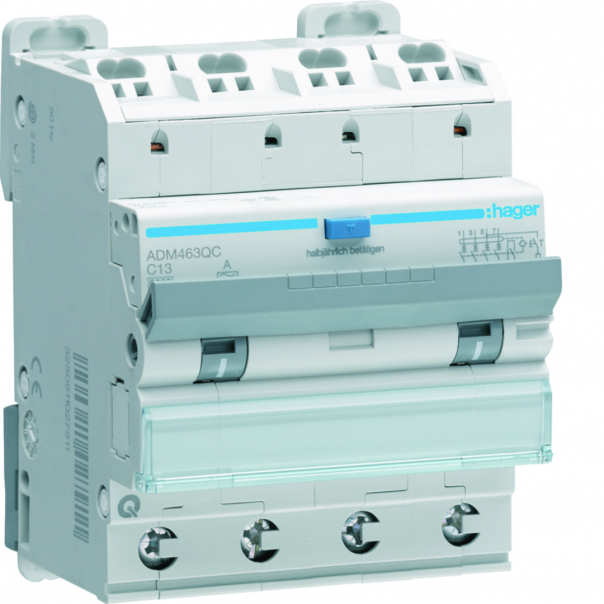 RCBO Wyłącznik różnicowoprądowy z członem nadprądowym 4P 6kA C 13A/30mA A QC/QB - ADM463QC - HAGER