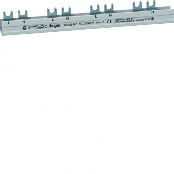 Szyna grzebieniowa widełkowa pozioma L+N+przerwa 1M 10mm2 63A 12M - KDN263AZ - HAGER