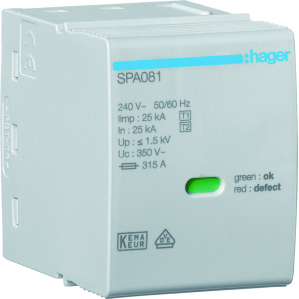 SPD Moduł T1 1P sieć TN-S/TN-C/TT(L-N) Iimp=25kA Up?1,5kV In=25kA do SPA80x - SPA081 - HAGER