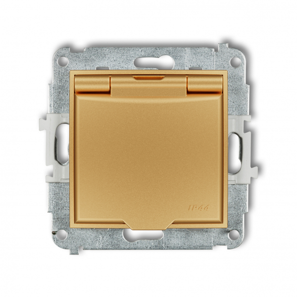 Mechanizm gniazda bryzgoszczelnego z uziemieniem 2P+Z (klapka złota, przesłony torów prądowych) podtynkowy IP 44, 16A 250V~ MINI złoty - 29MGPB-1zp - KARLIK