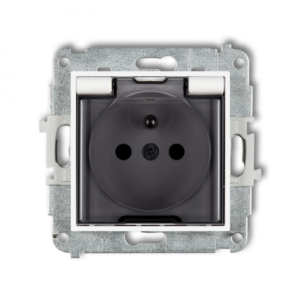Mechanizm gniazda bryzgoszczelnego z uziemieniem 2P+Z (klapka dymna, przesłony torów prądowych) podtynkowy IP 44, 16A 250V~ MINI biały mat - 25MGPB-1zdp - KARLIK