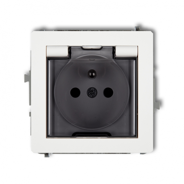 Mechanizm gniazda bryzgoszczelnego z uziemieniem 2P+Z (klapka dymna, przesłony torów prądowych) podtynkowy IP 44, 16A 250V~ DECO biały - DGPB-1zdp - KARLIK