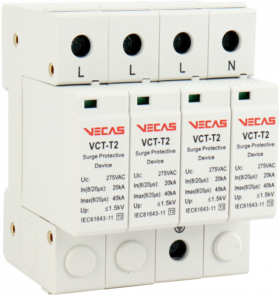 Ogranicznik przepięć T2 (C) C40 275V AC 20kA 1,5kV 4P - VCS-VCT-T2-AC-C40-275-4P - VECAS