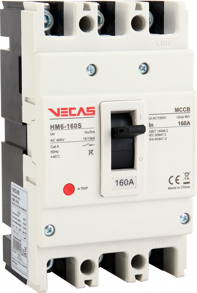 Wyłącznik mocy HM6-160S 160A 3P 18/15kA 400V AC wyzw. TM (bez regulacji) - VCS-HM6-160S-160-3P - VECAS