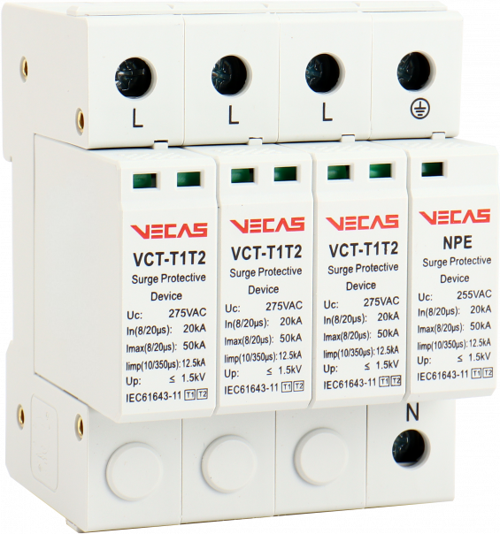Ogranicznik przepięć T1T2 (B+C) 275V AC 12,5kA 1,5kV 3P+NPE - VCS-VCT-T1T2-AC-12.5-3+NPE - VECAS