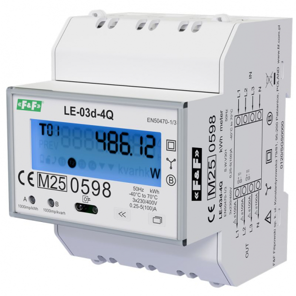 Licznik trójfazowy zużycia energii elektrycznej, czterokwadrantowy pomiar energii - LE-03d-4Q - F&F