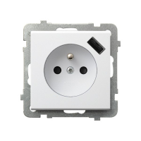 Gniazdo pojedyncze z uziemieniem z przesłonami torów prądowych, z ładowarką USB 16A/230~,USB 5V/2,1A, IP-20, zac.bezgw. BIAŁY MAT SONATA - GP-1RZPUSB/m/75 - OSPEL