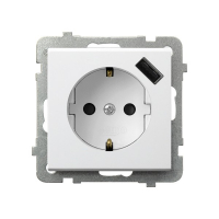 Gniazdo pojedyncze z uziemieniem schuko z przesłonami torów prądowych, z ładowarką USB 16A/230~,USB 5V/2,1A, IP-20, zac.bezgw. BIAŁY MAT SONATA - GP-1RSPUSB/m/75 - OSPEL